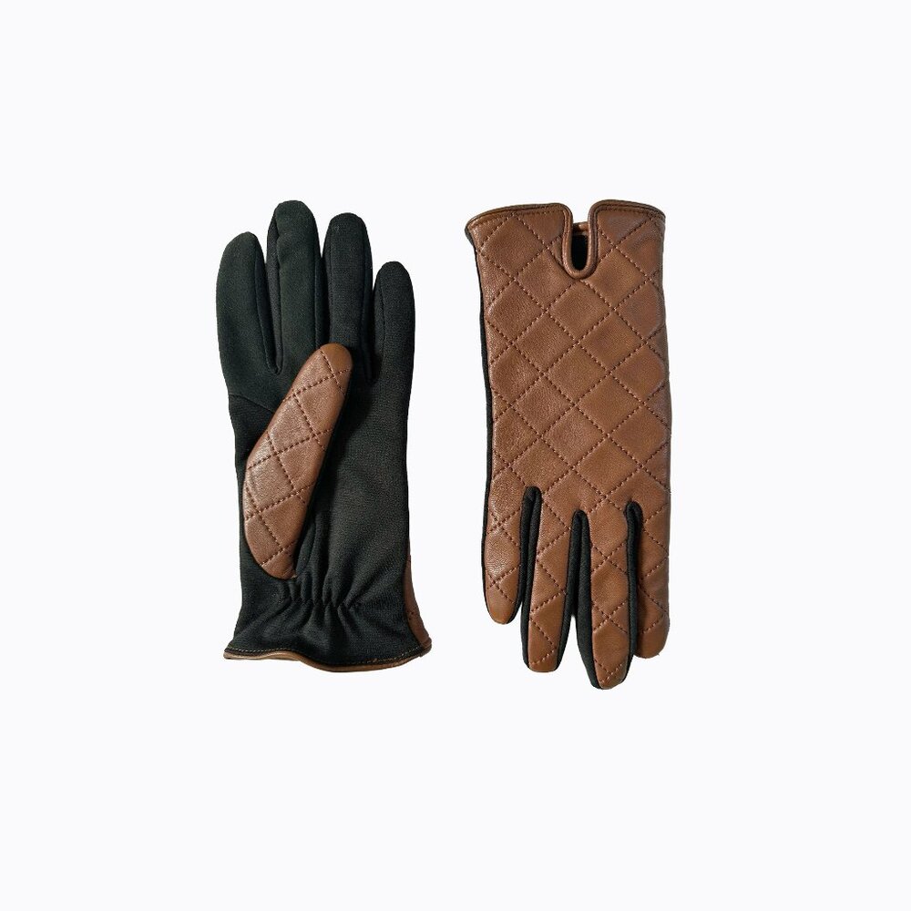 Vtg Brown Leather Quilted Gloves L Mixed Media Black 90s Y2K Quiet Luxury Preppy